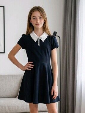 NWT Girl's Rare Editions Black Dress with White Lace Collar And Accessory ~sz 10